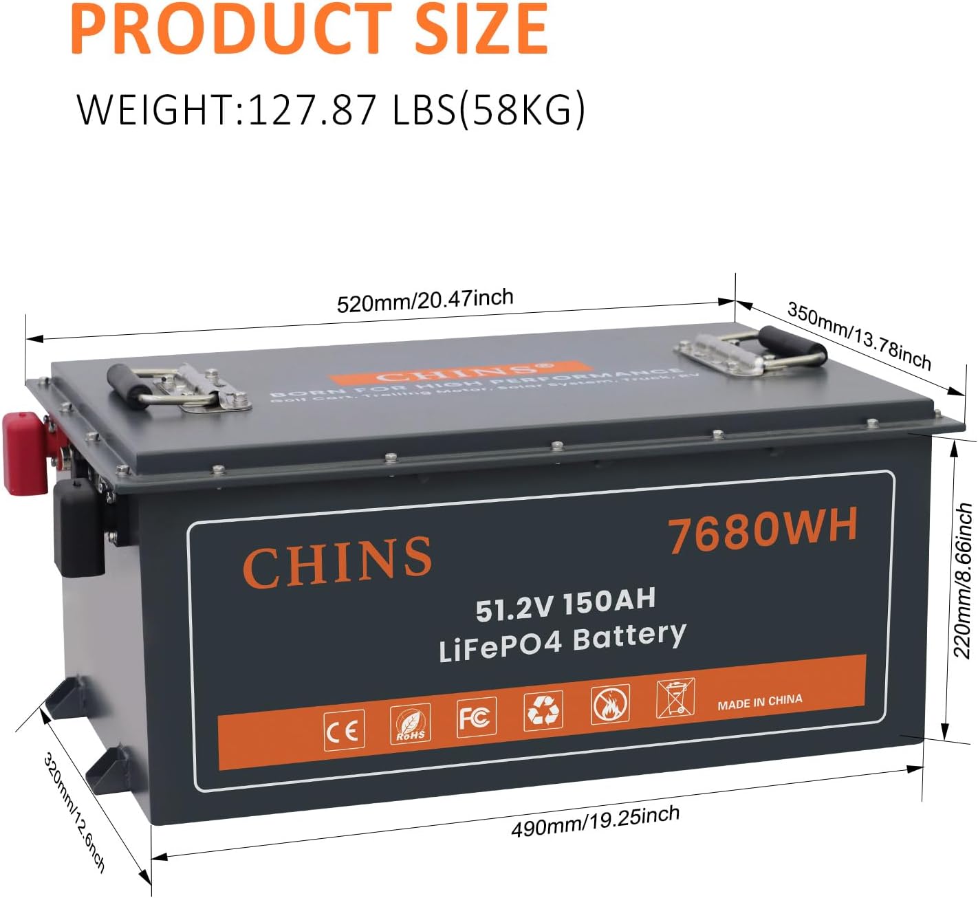 CHINS 48V 150Ah Lithium Golf Cart Battery, Built-in Smart 200A BMS, Includes 48V 18A Charger, 48V Lithium Battery, Max 10.24kW Output 70 Miles Range, Perfect for Golf Cart