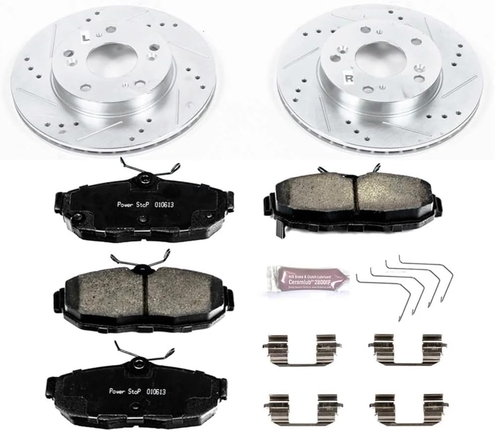 PowerStop Front Brake Kit for Honda Civic 2012-15 - Drilled and Slotted Disc Rotors with Carbon-Fiber Ceramic Brake Pads Replacement, K6319