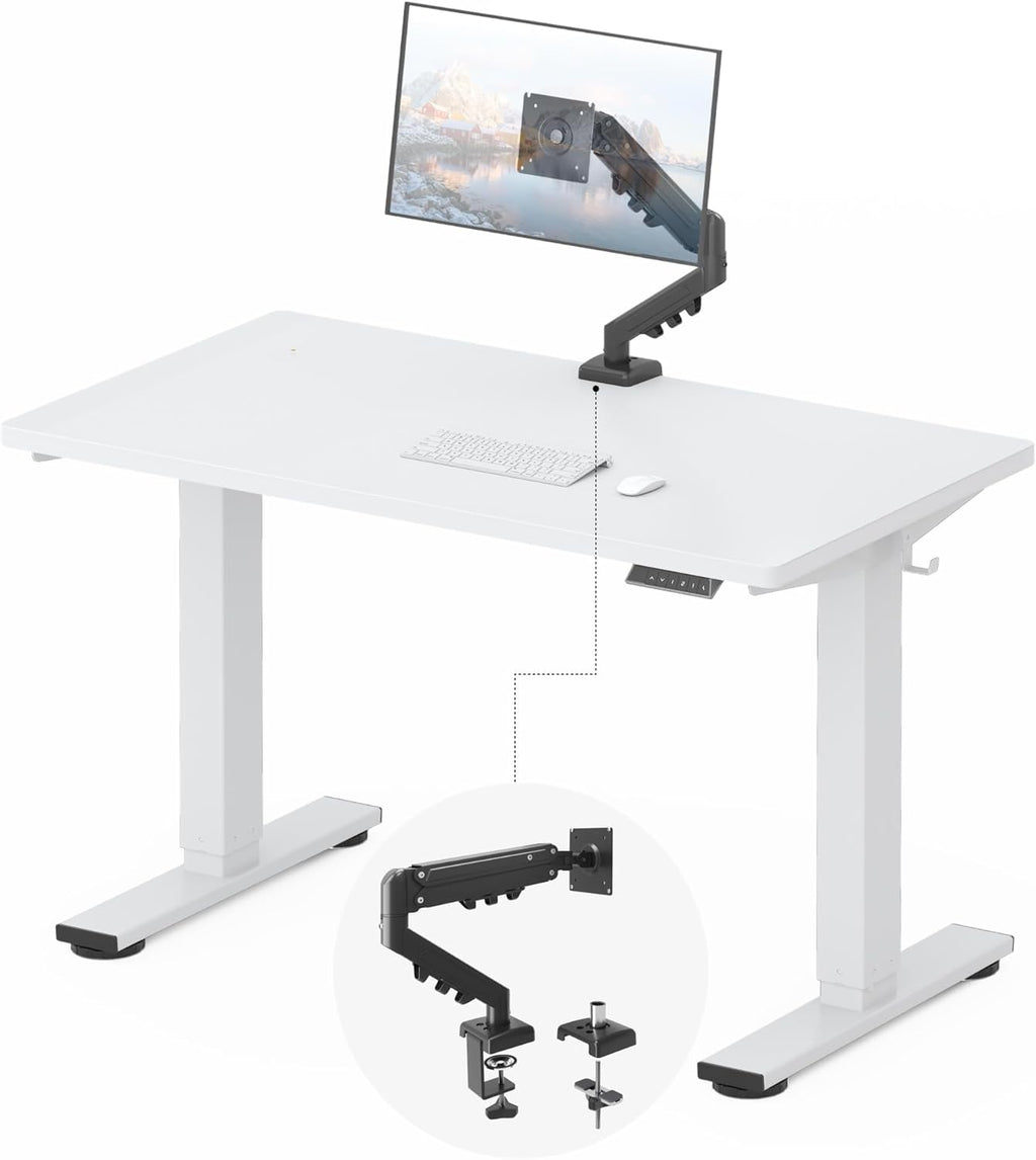 FLEXISPOT EN2 48''x24'' Standing Desk with Monitor Mount Bundle, One-Piece Desktop, Fully Adjustable Single Monitor Arm with Cable Management, Bundle for Home Office, Gaming & Study, White