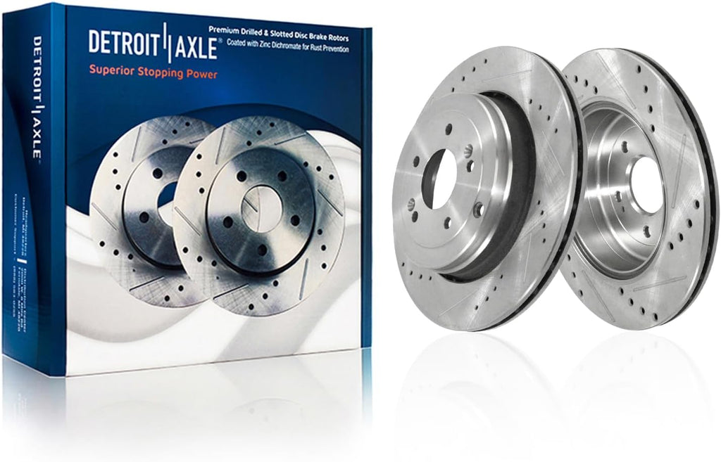 Detroit Axle - Rear Brake Kit for 2010 2011 2012 2013 2014 2015 2016 Hyundai Genesis Coupe, Drilled and Slotted Disc Brake Rotors Ceramic Brakes Pads with Hardware Replacement: 12.99' inch Rotor