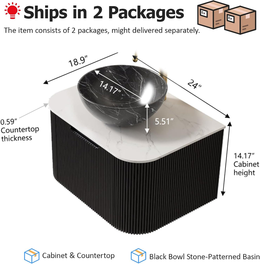 24' Floating Bathroom Vanity with Sink, Modern Bathroom Cabinet with Ultra-Thin Marble Top and Black Ceramic Basin, Bathroom Vanities, Extra Large Storage Drawer, Soft-Close Design, Black