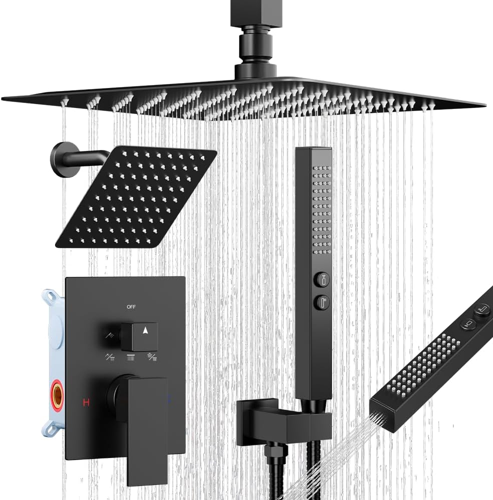 Shower Faucet Sets Matte Black Shower System,Bostingner Five Function Diverter Shower Faucets with 2 in 1 Handheld,10'' Ceiling Mount and 6'' Wall Mount Shower Head Rainfall Shower Set with Valve