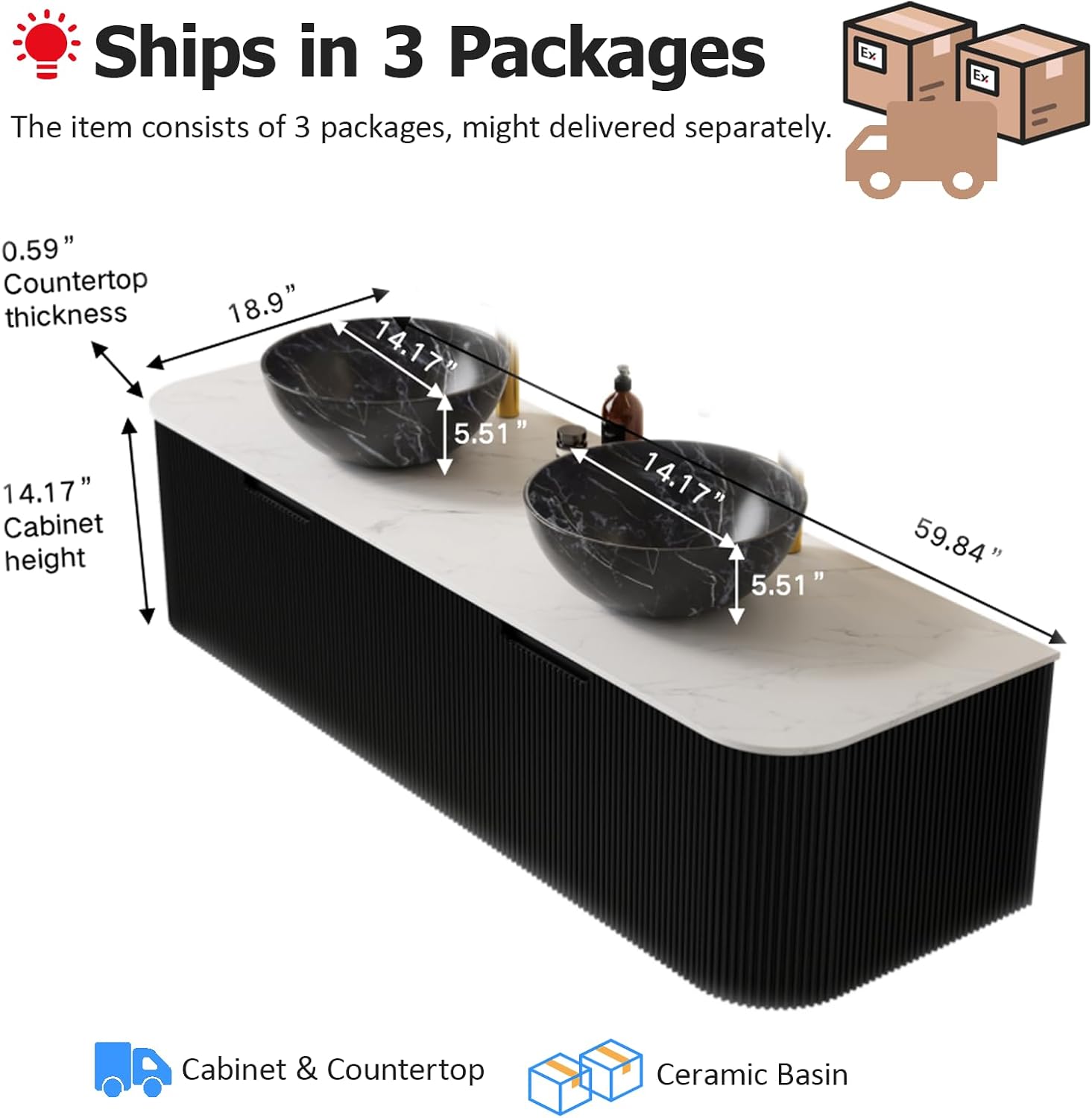 60' Floating Bathroom Vanity with Double Sink, Natural Solid Wood Modern Bathroom Vanities with Ultra-Thin Marble Sink and Countertop, Soft-Close Design, Pre-Assembled Cabinet, Black