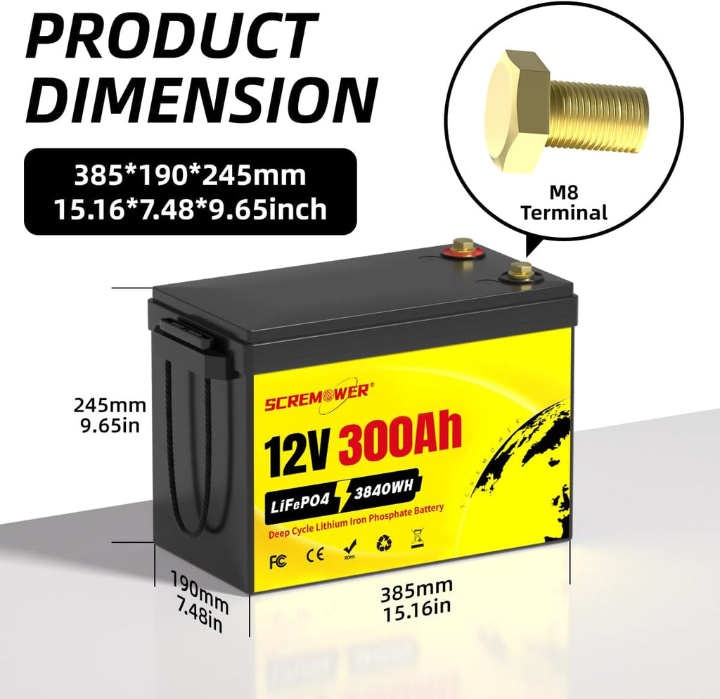 12V 300Ah Compact Lifepo4 Battery with Low-temp Protection BMS, 3840Wh Energy Deep Cycle Lithium Battery for RV, Solar System, Off-Grid, Winter Power Shortage, Marine