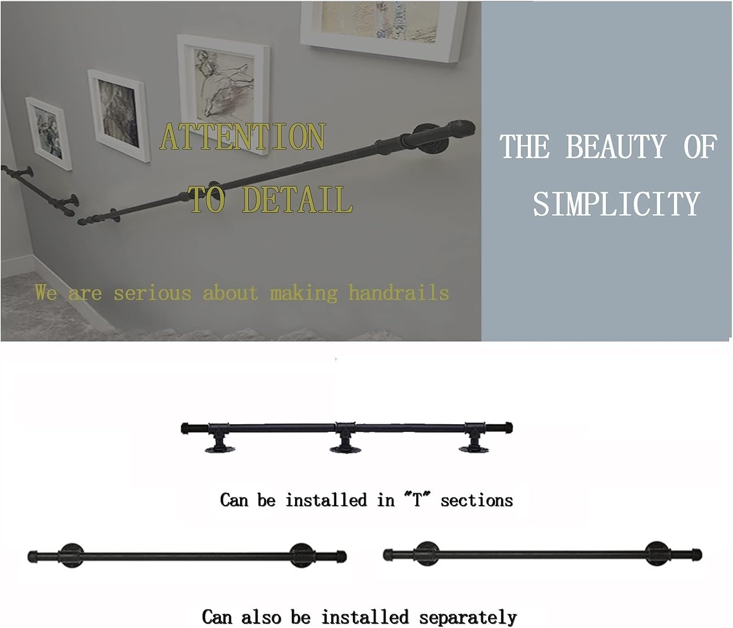 Outdoors Handrail Stairs Wrought Iron Stairs Banister Handrail Indoors Metal Hand Railing Bathroom Corridor Grab Bar Railing - Complete Kit/Black (Size : 8.2 FT)
