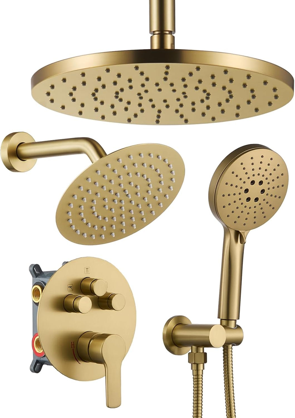 Iriber Shower System with Handheld Spray, Bathroom Round Dual Shower Heads Faucet Set with Push Button Diverter, Brushed Gold Shower Mixer Valve Trim Kit (Valve Included)