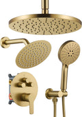Iriber Shower System with Handheld Spray, Bathroom Round Dual Shower Heads Faucet Set with Push Button Diverter, Brushed Gold Shower Mixer Valve Trim Kit (Valve Included)