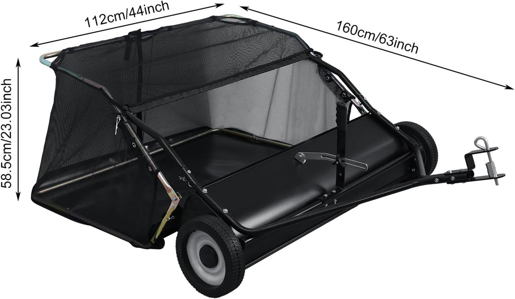 44 Inch Tow Behind Lawn Sweeper - Heavy Duty Adjustable Height Pull Behind Lawn Sweeper, 25Cu Ft Large Capacity Leaf & Grass Collector Hopper for Yard, Lawn, Farm Cleanup Tool