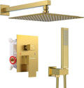 EMBATHER Brushed Gold Shower System- 12 inch Shower Faucet Sets with Rain Shower Head Hand Held Shower Head for Bathroom, Wall Mounted Square Shower Combo Set (Contain Shower Valve and Trim)