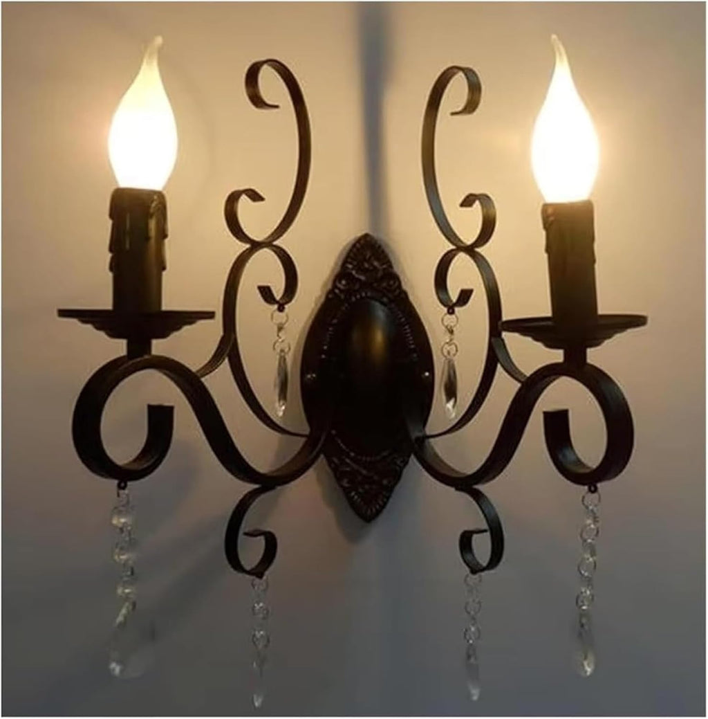 European Classic Vintage Wall lamp Black Wrought Iron Body Crystal Deco Candle Wall Light Fixture for Living Room Bedroom Stairs(Clear 1light)(Clear,2lights)