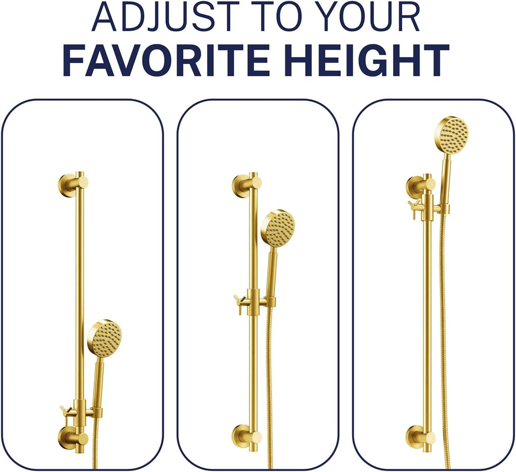 HammerHead Showers® Solid Metal 27.5 Inch Shower Slide Bar Set and Handheld Shower Head with Hose — BRUSHED GOLD — 1.75 GPM Low Flow Spray Wand — Easily Adjust Height & Angle of Handshower