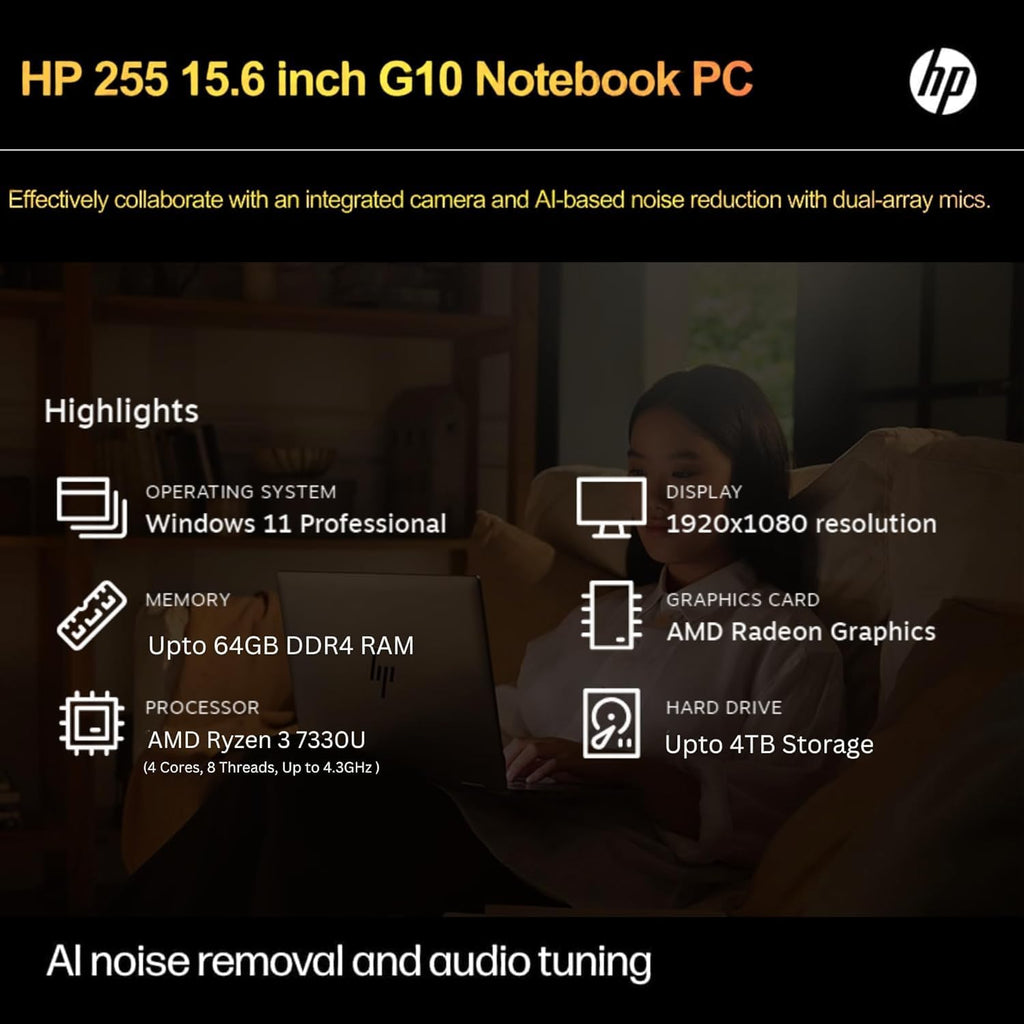 HP 255 G10 Laptop for Home or Work, 16GB RAM, 1TB SSD, 15.6' Full HD, Ryzen 3 7330U (Beat Intel i5-1135G7), HDMI, USB-C, Win 11 Pro (32GB RAM | 1TB PCIe SSD)