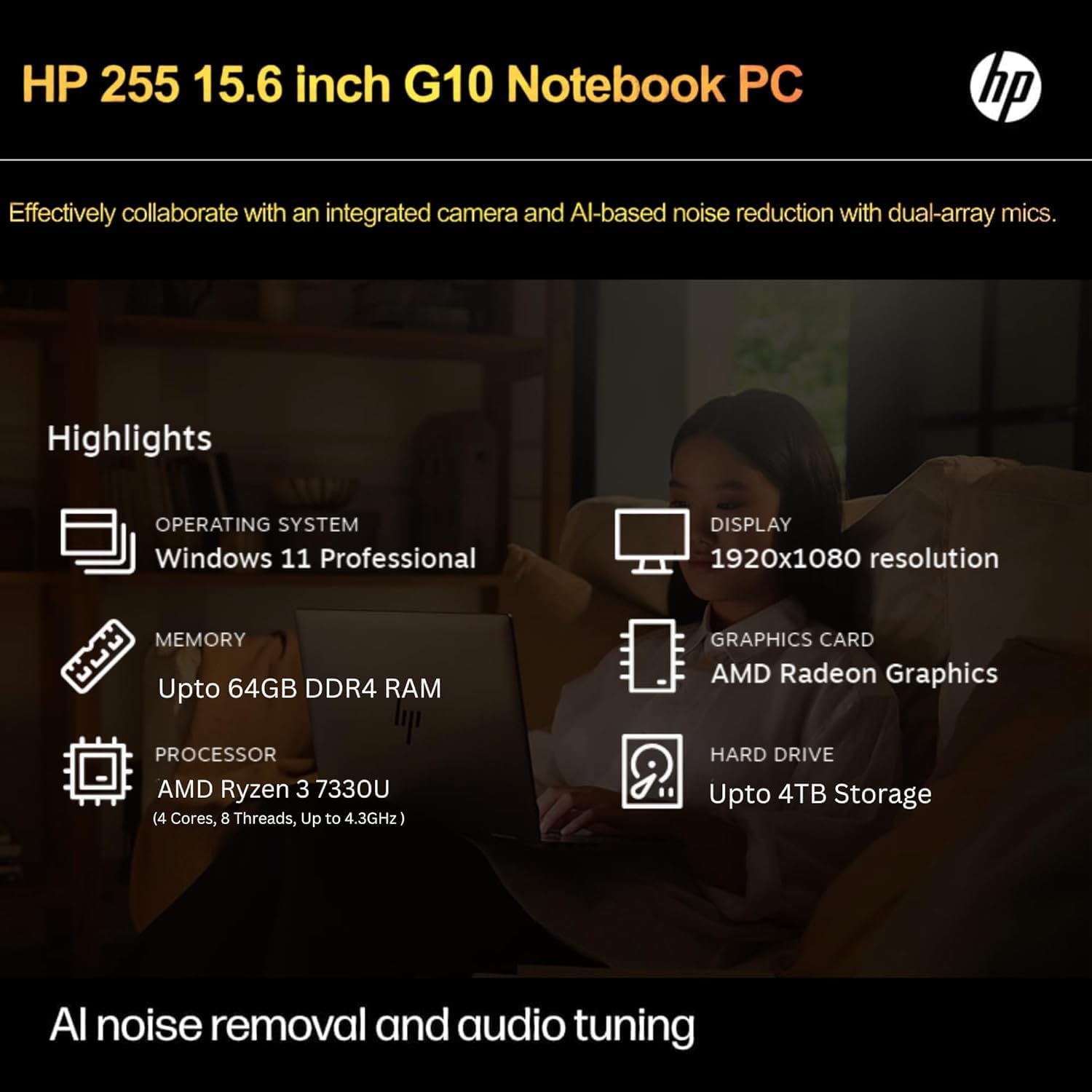 HP 255 G10 Laptop for Home or Work, 16GB RAM, 1TB SSD, 15.6' Full HD, Ryzen 3 7330U (Beat Intel i5-1135G7), HDMI, USB-C, Win 11 Pro (32GB RAM | 1TB PCIe SSD)