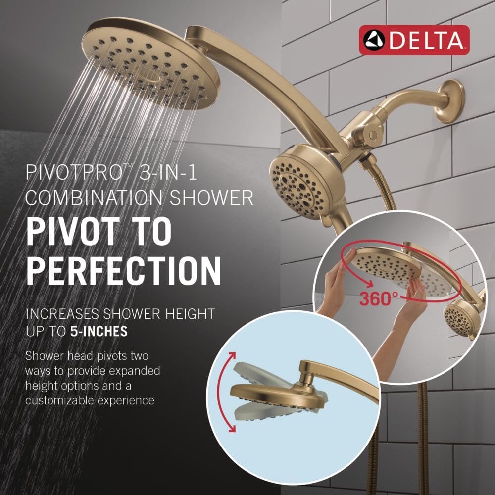 Delta 7-Setting PivotPro 3-in-1 Combination Shower Head with ProClean Spray, Brushed Gold Round Shower Head Rainfall with Handheld Spray, 2.5 GPM, Lumicoat Champagne Bronze 58600-CZ-PR25