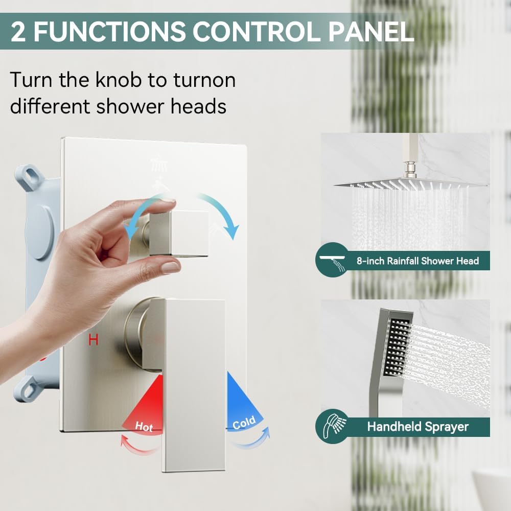 Shower System Shower Faucet Set, STARBATH 8' Ceiling Mount Rain Shower Head and Handheld Spray for Two Person, Rainfall Shower System with Diverter Valve and Trim Kit Complete,Brushed Nickel