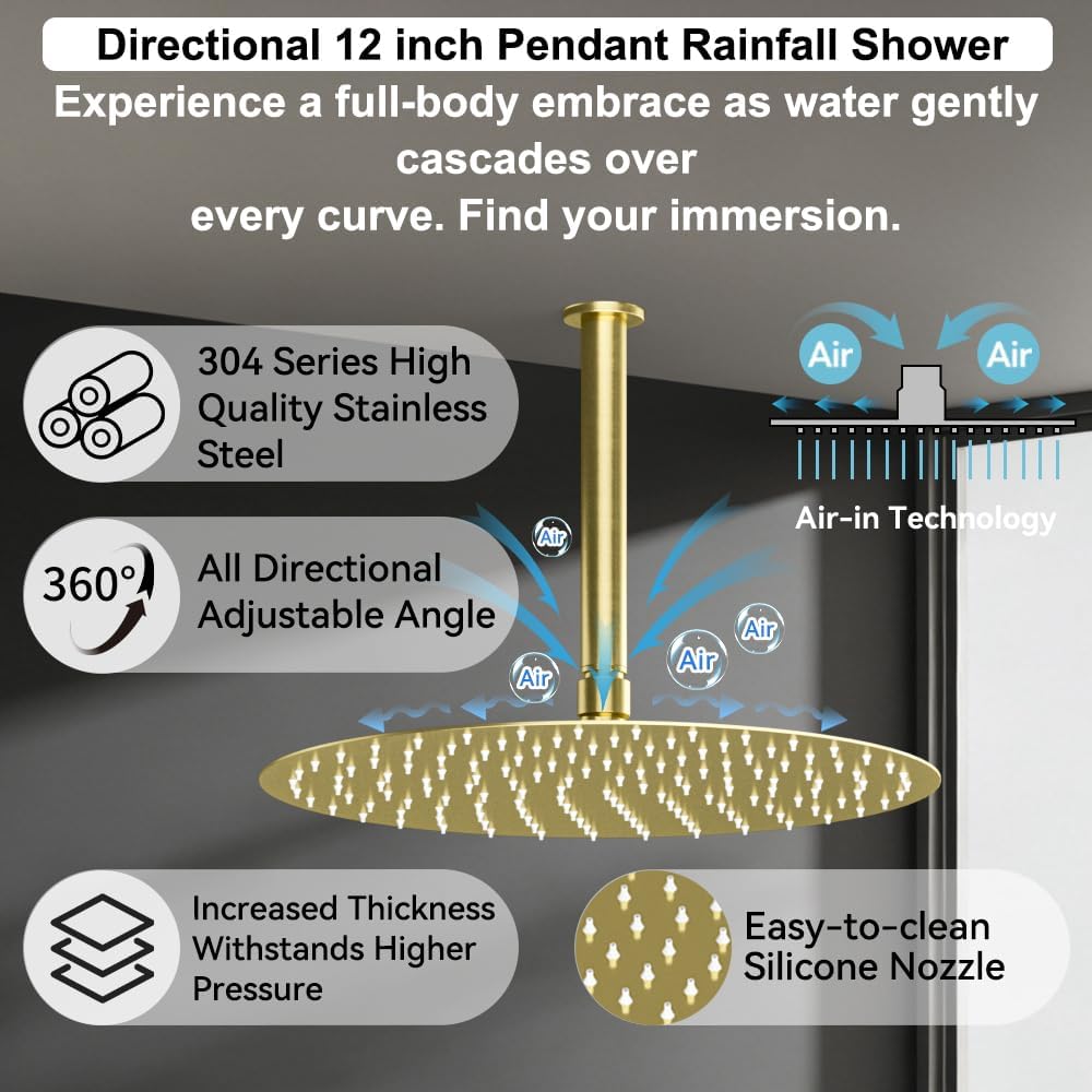 Shower Systems Round Shower Faucet Set, 12+6' Dual Rainfall Shower head with 2 in 1 Handheld Spray, Ceiling Mount Push Button Shower Set with Valve and Trim Kit Brushed Gold,Can Use All at Once