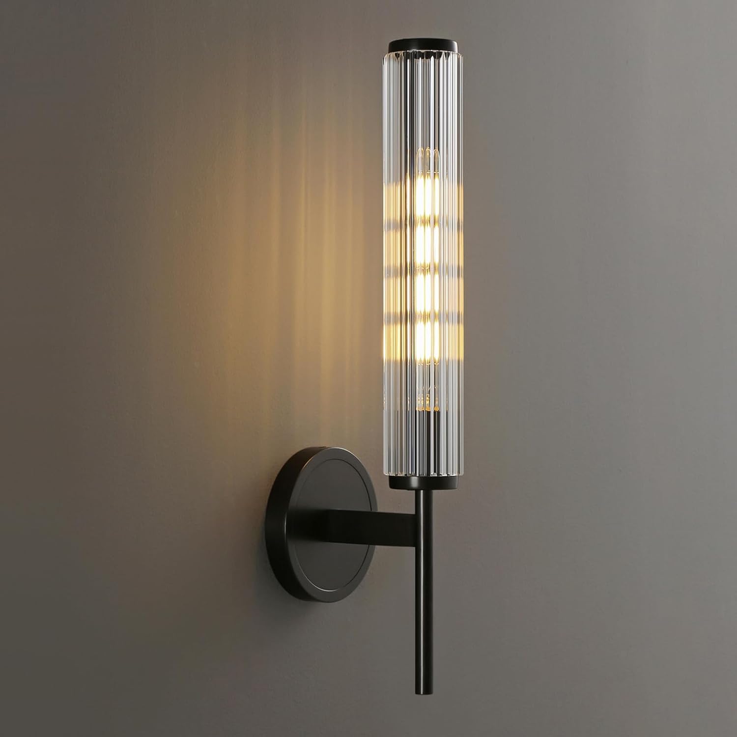 Black Wall Sconce 18.9in Grooved Patterned Glass Tube Bathroom Vanity Wall Lights, Modern Oxidized Black Brass Wall Sconces for Living Room, Bedroom, Dining Room, Hallway, Staircase and Mirror