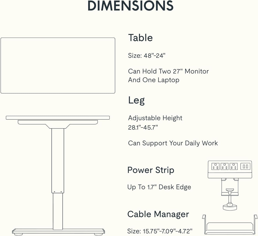 FLEXISPOT EN2 Whole-Piece Standing Desk with Clamp Power Strip, 48x24 Electric Stand Up Height Adjustable Desk with Cable Management (White Frame + 48' White Top)