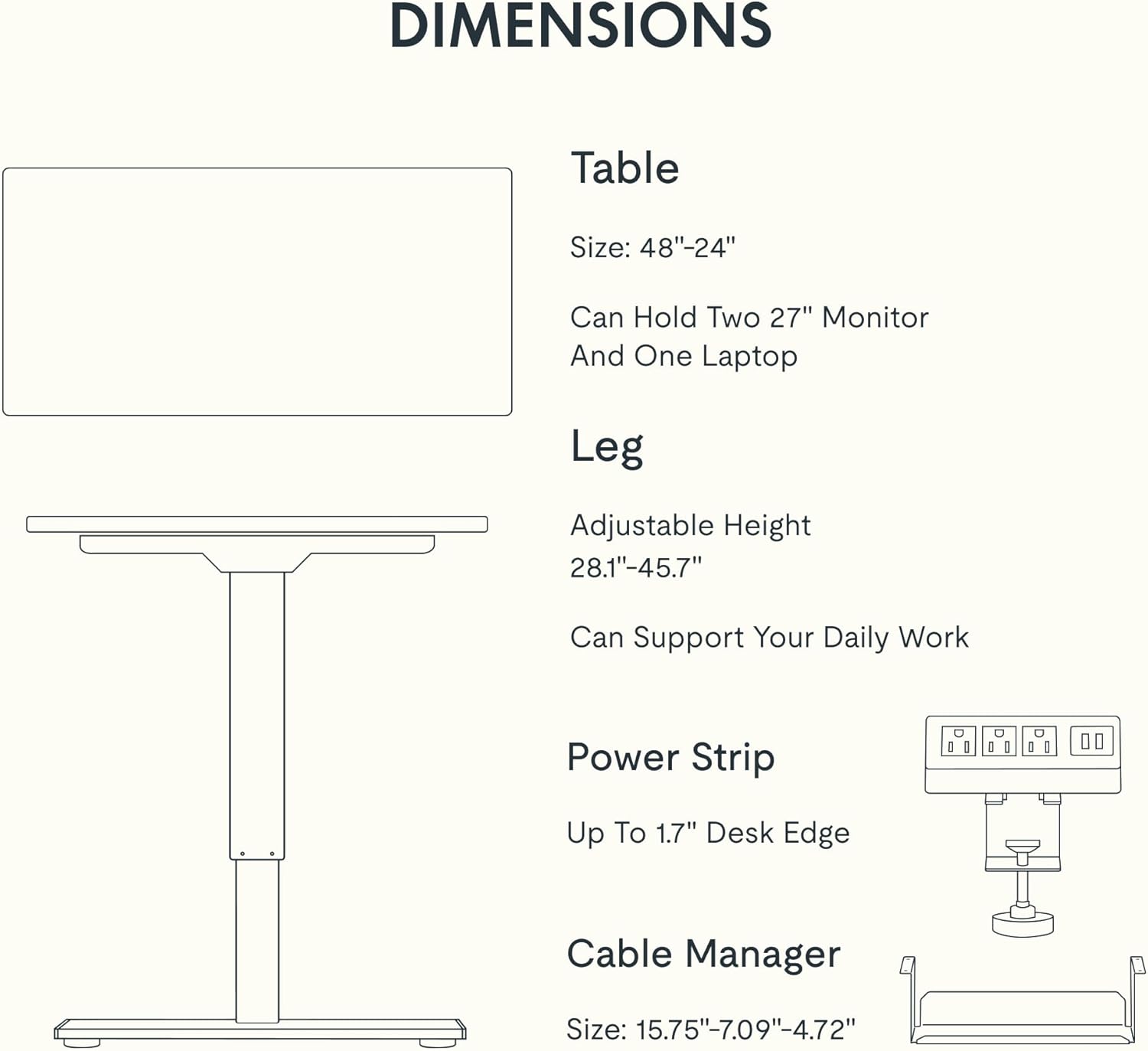 FLEXISPOT EN2 Whole-Piece Standing Desk with Clamp Power Strip, 48x24 Electric Stand Up Height Adjustable Desk with Cable Management (White Frame + 48' White Top)