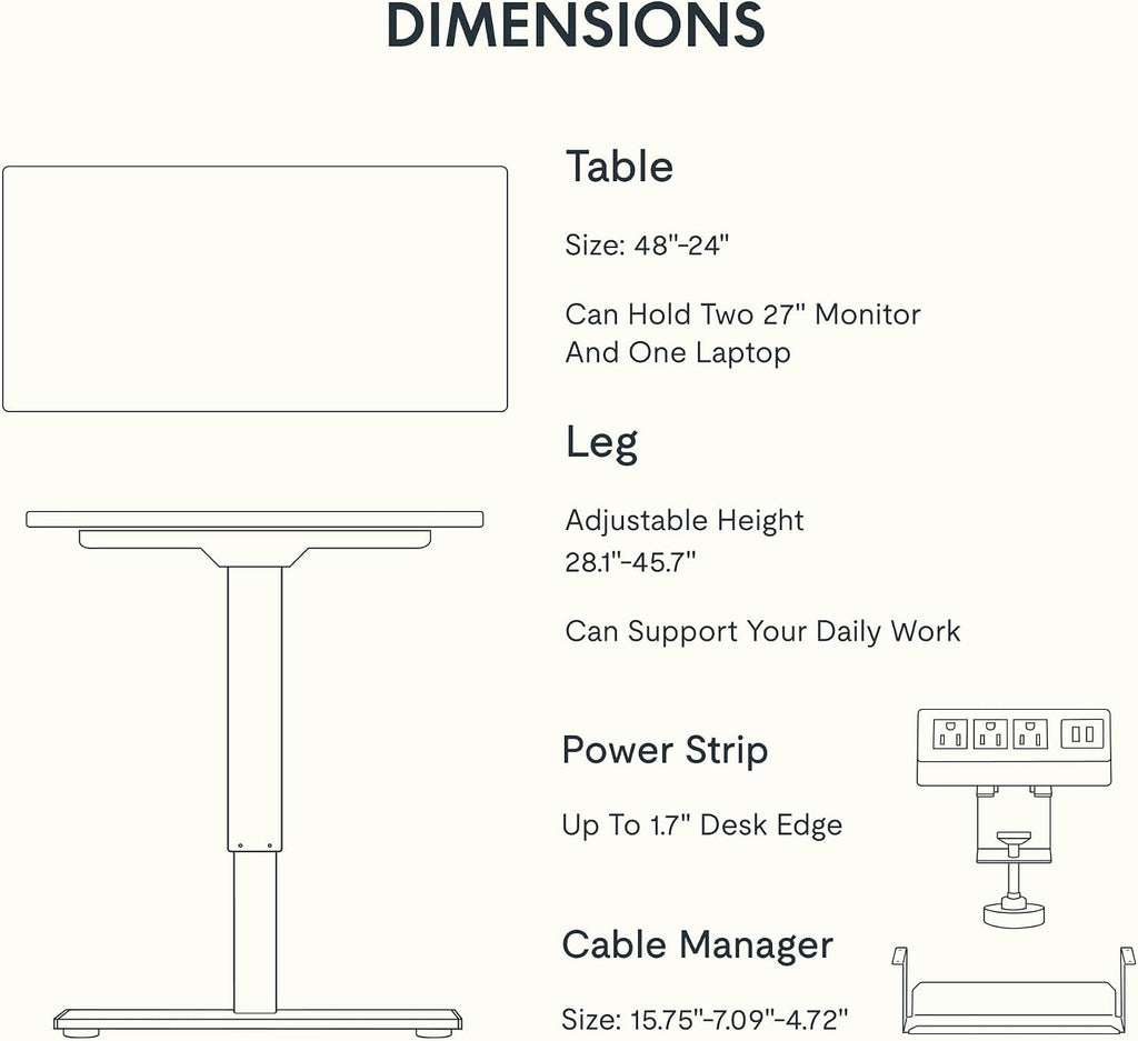 FLEXISPOT EN2 Whole-Piece Standing Desk with Clamp Power Strip, 48 x 24 Electric Stand Up Height Adjustable Desk with Cable Management (White Frame + 48' Black Top, 2 Packages)
