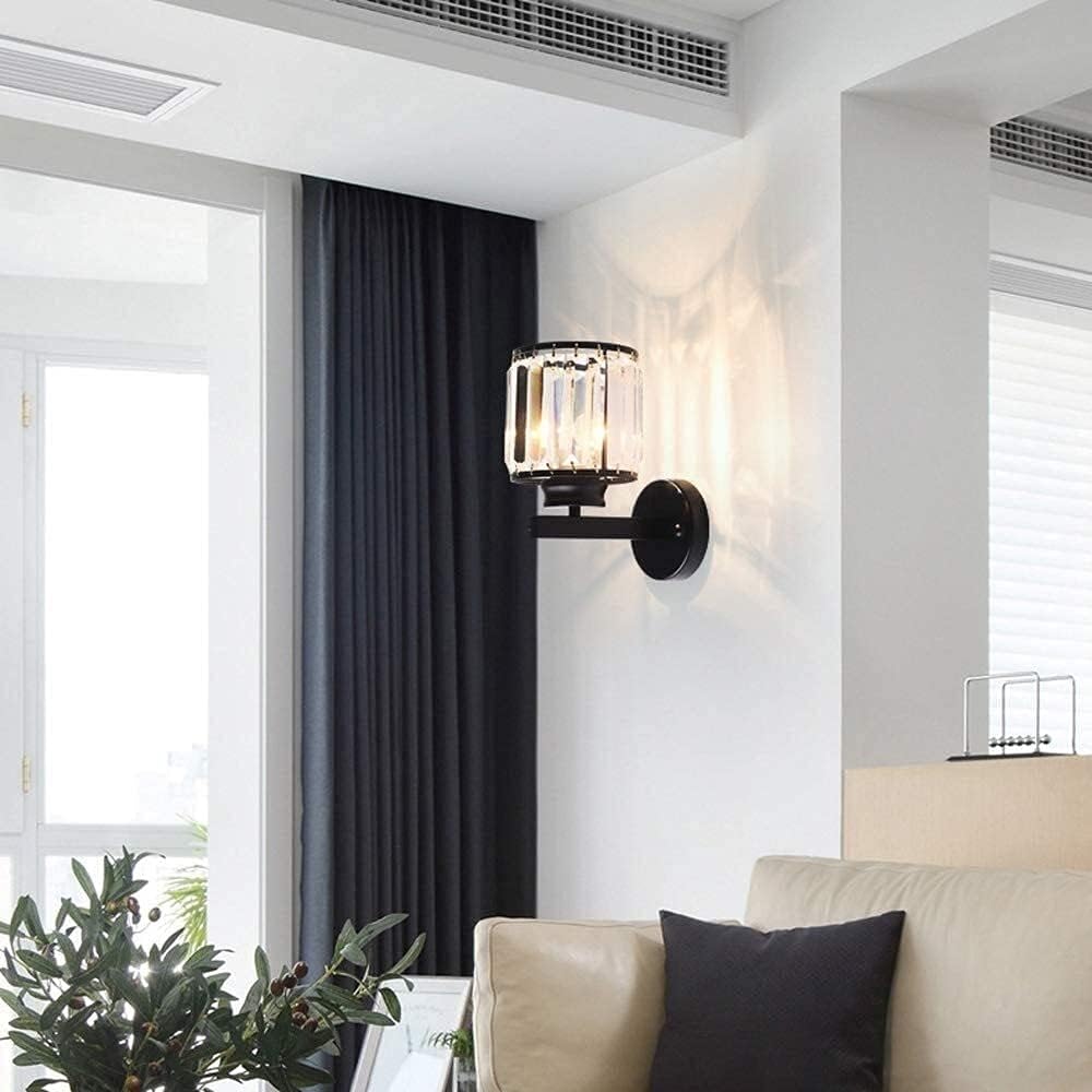 Wall Lamp Post Crystal Wall Lights Fixture Nordic Wrought Iron Single Wall Sconce,Matte Black Finish Lighting with Clear Glass Prisms for Living Room Bedroom Hallway Decor Lighting