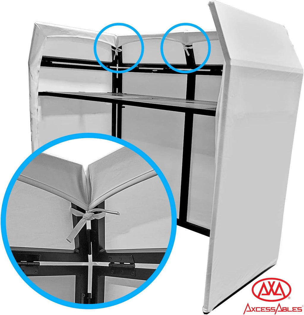 AxcessAbles DJ BOOTH XL 58' wide x 29' deep DJ Facade Table | Portable Extra Wide DJ Table Booth with Black and White Scrims, Carry Cases | Large DJ Controller Stand | Music Mixer Stand
