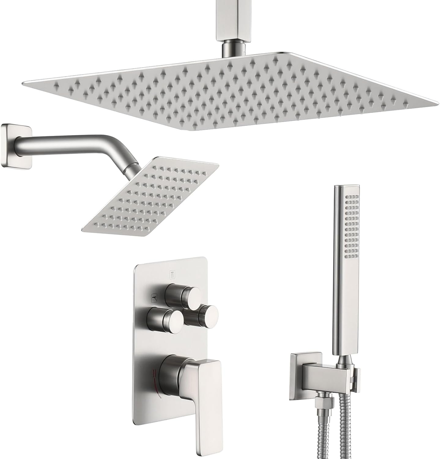 Shower Faucet Set, Brushed Nickel Shower System with Rain Shower and Handheld Bathroom Rainfall Ceiling 12 Inch Shower Set with Valve