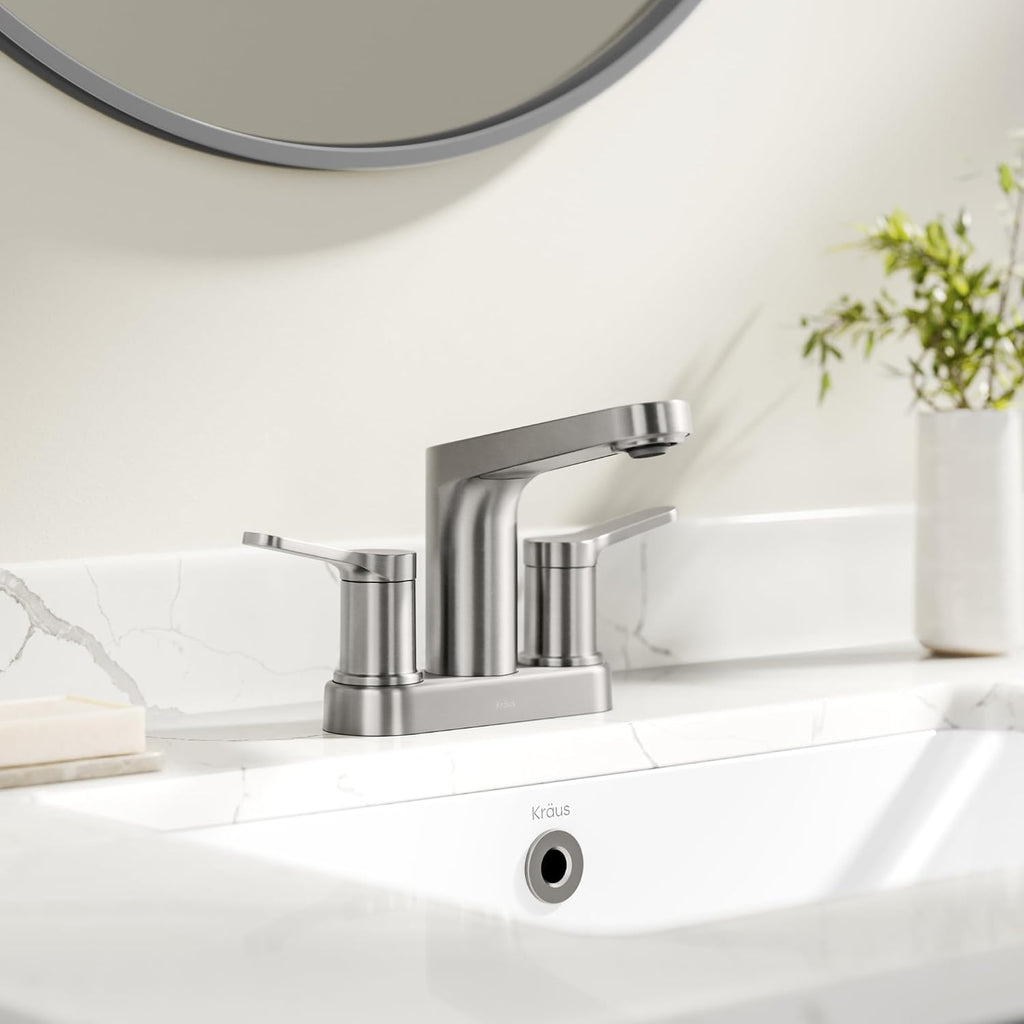 KRAUS Indy Centerset Bathroom Faucet in Spot-Free Brushed Nickel with 2 Handles, Pop Up Drain and Supply Lines, FUS-14102SFBN