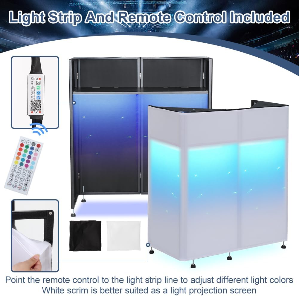 Kokorona Portable DJ Booth 20'x42.5'x45.3' with Dual Top Corners, DJ Facade Booth with Cable Hole, DJ Table Stand with Light Strip and Remote Control, Metal Frame + Black & White Scrims + Carry Bag