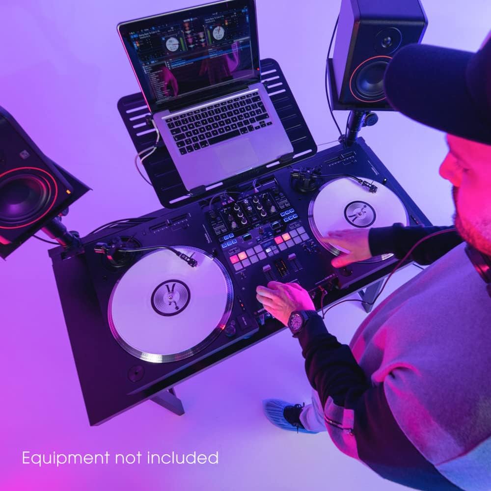 Gravity DJ Desk FDJT 01 DJ Workstation Desk with Speaker Mounts and Laptop Tray for DJs and Live Performance, black