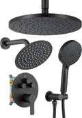 Iriber Shower System with Handheld Spray,Bathroom Round Dual Shower Heads Faucet Set with Push Button Diverter, Matte Black Shower Mixer Valve Trim Kit (Valve Included)