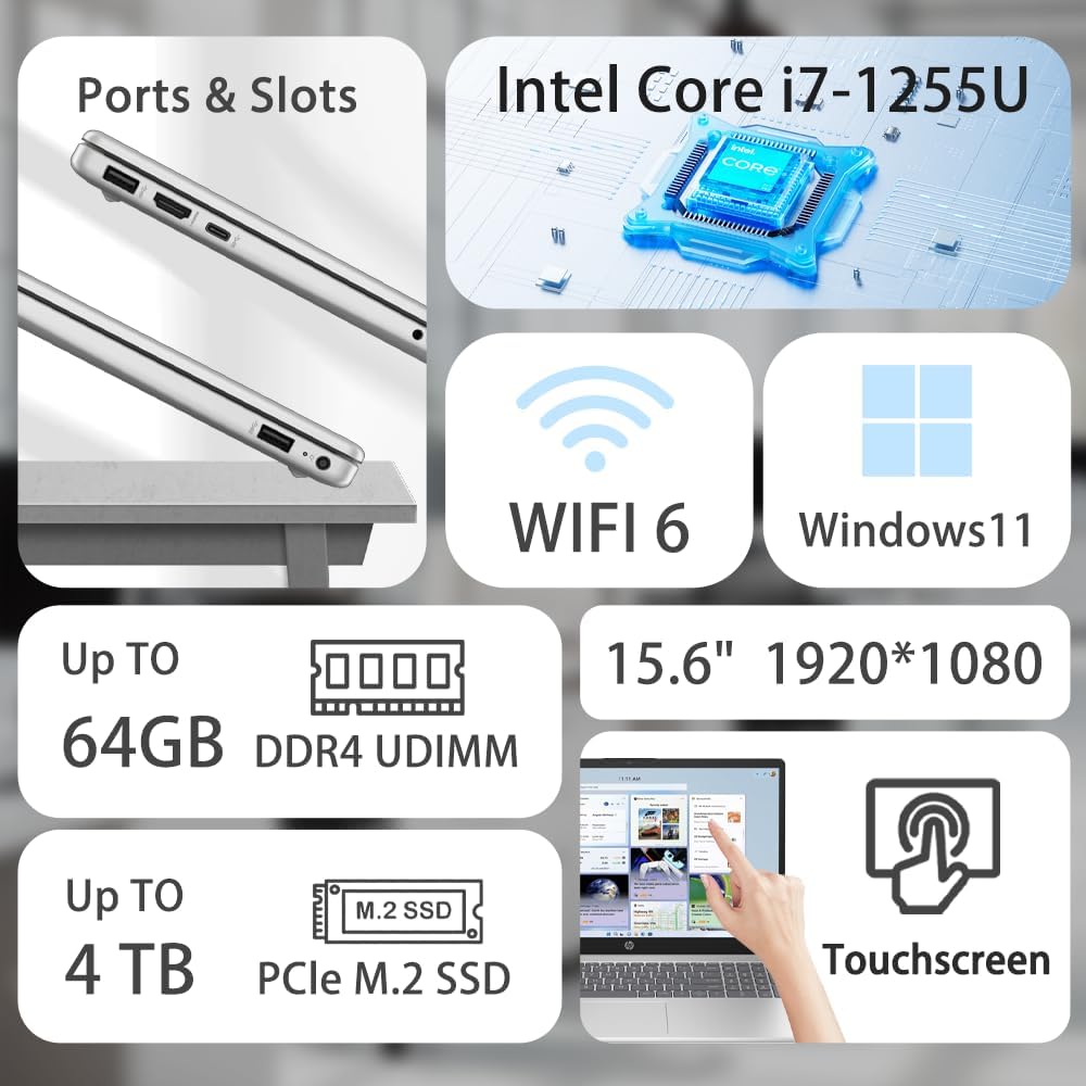 HP 2025 High-Performance 15.6' Touchscreen Laptop, FHD LED Display, Intel Core i7-1255U, 16GB RAM, 512GB SSD, HDMI, Webcam, Wi-Fi 6, Windows 11 Home, Silver, Bundle with ADATA 512GB External SSD