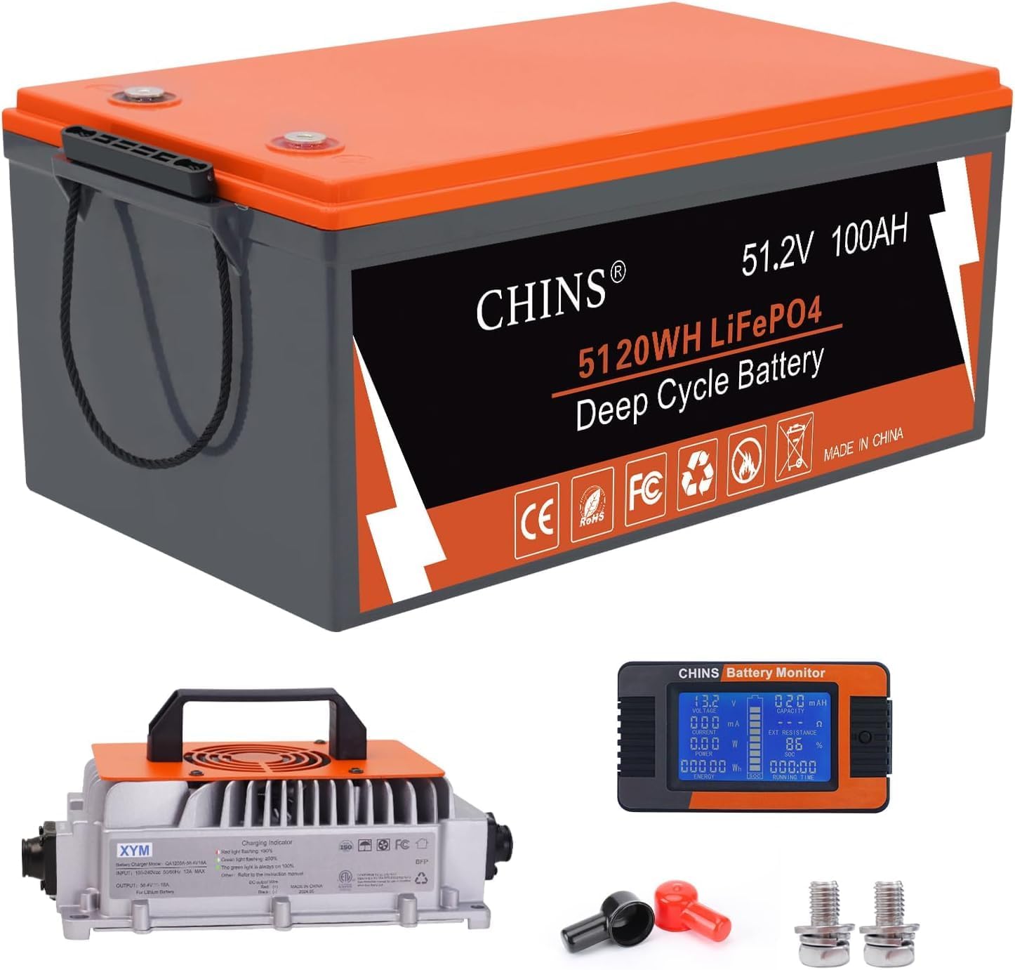 CHINS 48 Volt Lithium Battery for Golf Cart with 18A Charger, 48V Lithium Battery with 200A BMS, LCD & Mobile Monitor, 5.12kWh with 10.24kW Output, 1000A Peak Current for Golf Cart