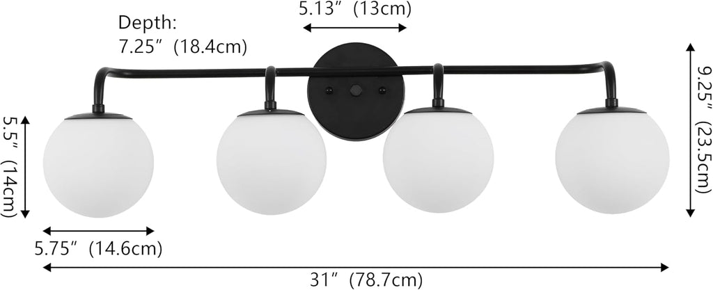 JONATHAN Y 31' Black Modern Globe Wall Sconce Vanity Light for Bathroom, White Frosted Glass Shade, Midcentury Parisian Bistro Wall Lamp, LED Bulb Included (JYL3558B)