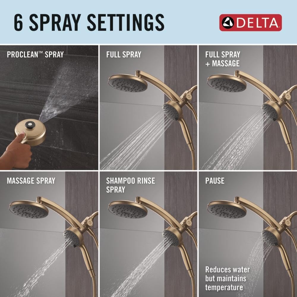 Delta 6-Setting PivotPro 3-in-1 Combination Shower Head with ProClean Spray, Brushed Gold Round Shower Head Rainfall with Handheld Spray, 1.75 GPM, Champagne Bronze 75648CZ