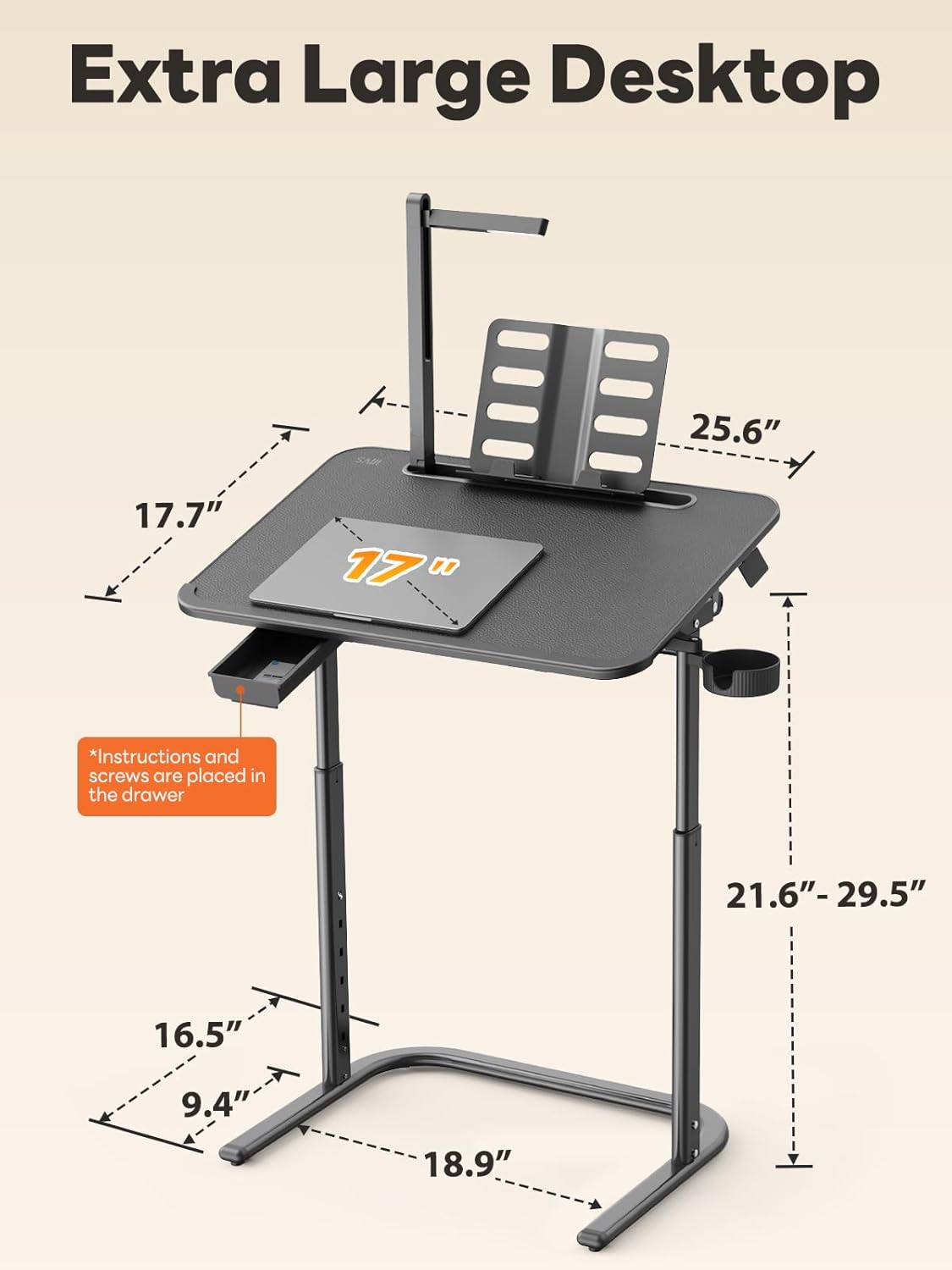 SAIJI XXL Extra Large TV Tray Table，Height & Tilt Adjustable Heavy Duty TV Trays for Eating, Working, Writing,Drawing, Recliner Table Couch Desk with LED Light, Cup Holder, Bookstand