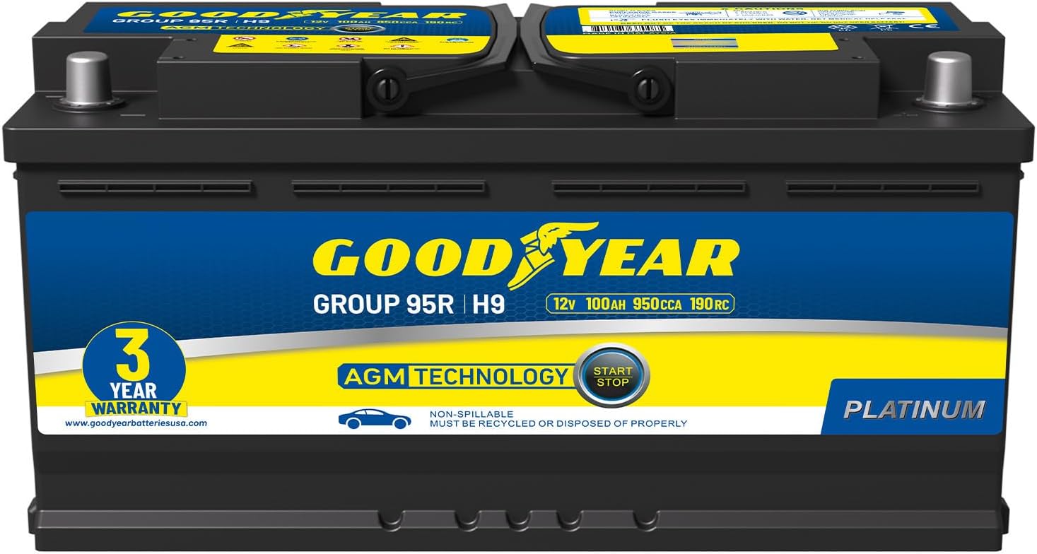 Goodyear 95R-H9-AGM BCI Group Size 95R 12V 100 AH, 190RC, 950 CCA Platinum series Rechargeable AGM Maintenance Free Automotive Battery