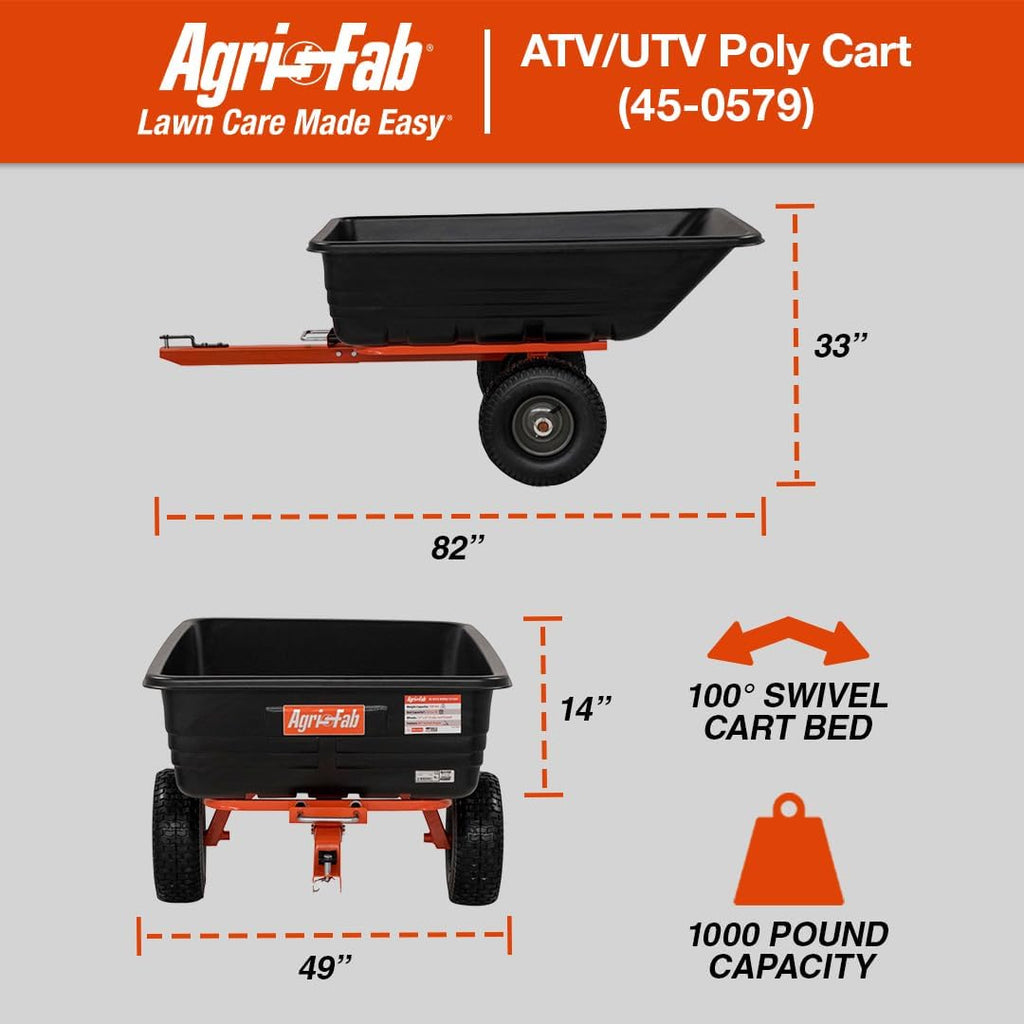 Agri-Fab 45-0579 1,000 lb Tow Behind Poly Dump Cart, 17 CU. FT.; Lawn & Garden Cart/Trailer for Riding Lawn Mowers, 18' x 8.5' All-Terrain Pneumatics Tires, Easy to Use Dumping Mechanism