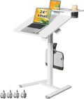 24Inch Rolling Standing Desk On Wheels， Mobile Laptop Stand with Tiltable Desktop， Smaller Computer Workstation Adjustable Height， 2-Tier Portable Study Table with Storage Shelves， White