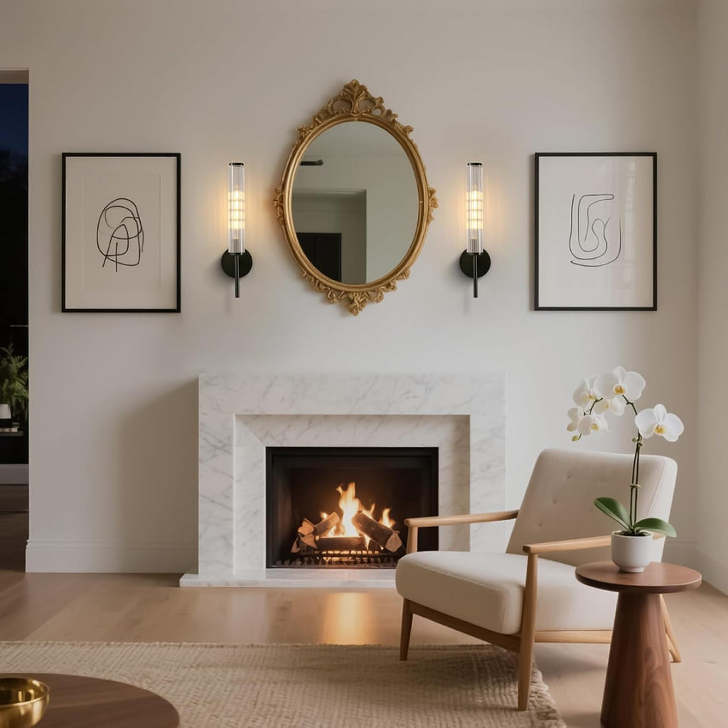 Black Wall Sconce 18.9in Grooved Patterned Glass Tube Bathroom Vanity Wall Lights, Modern Oxidized Black Brass Wall Sconces for Living Room, Bedroom, Dining Room, Hallway, Staircase and Mirror