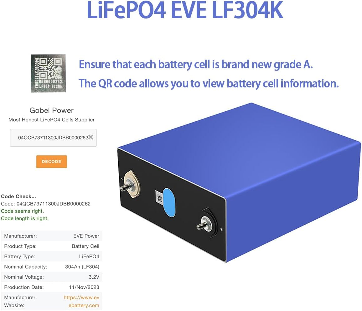 EVE MB31 3.2V 314Ah 4pcs LiFePO4 Cells Battery Grade A Lithium Iron Phosphate Deep Cycle, Power Supply for RV, Boat, Golf Cart, Motor, UPS, Fish Finder, Lawn Mower, Off Grid, Solar Systems
