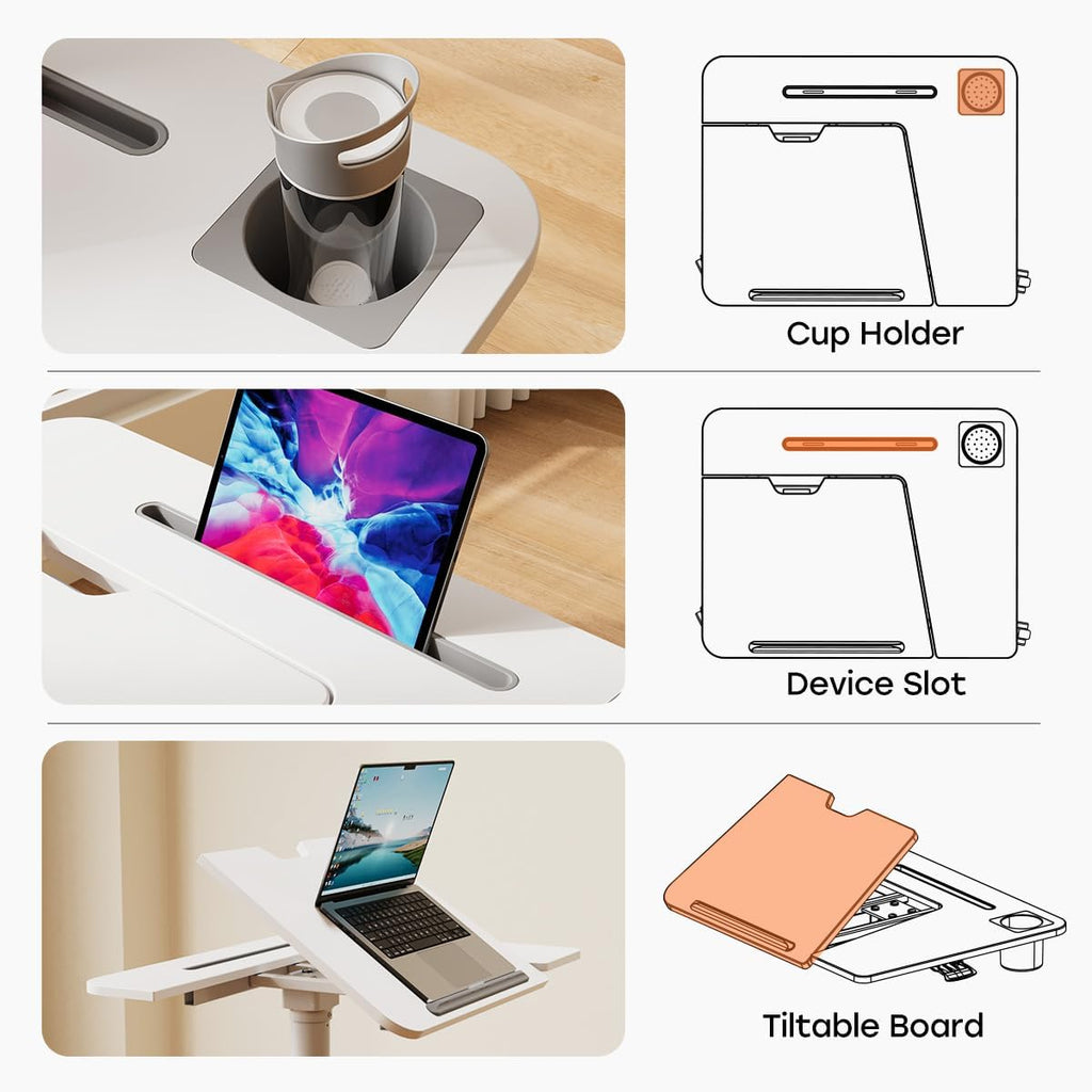 JOY worker Mobile Standing Desk, Height Adjustable Table, 60° Tiltable Rolling Laptop Desk, Portable Sit Stand Desk with Wheels Cup Holder for Bed Couch School, Holds Up to 22lbs, White