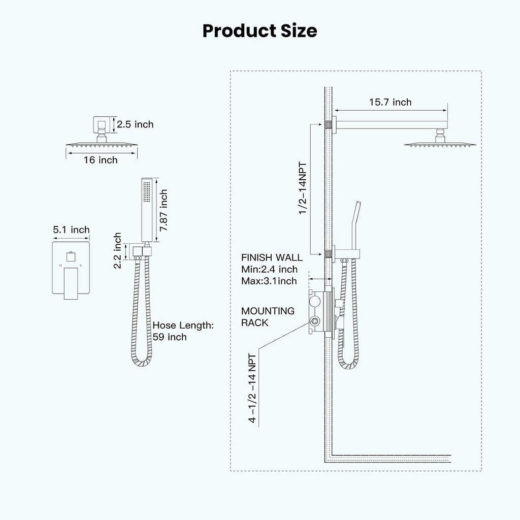 gotonovo Rainfall Bathroom Shower System Rain Shower Head and Handle Set Wall Mounted Shower Complete Combo Solid Brass Pressure Balancing Shower Mixer Valve 16 Inch Brushed Gold