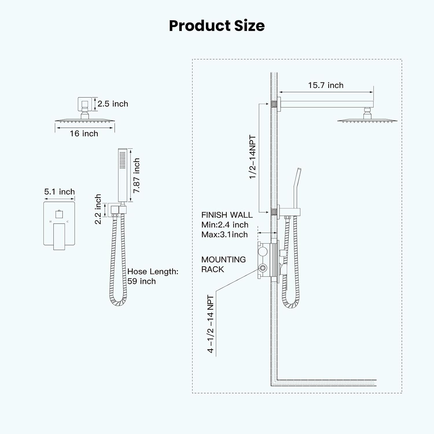gotonovo Rainfall Bathroom Shower System Rain Shower Head and Handle Set Wall Mounted Shower Complete Combo Solid Brass Pressure Balancing Shower Mixer Valve 16 Inch Brushed Gold