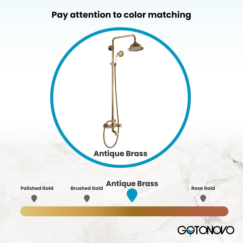 gotonovo Bathroom Exposed Shower Faucet Outdoor Shower System 8 Inch Rainfall Shower Head Set with Tub Spout and Handheld Spray Double Cross Handles Wall Mount without Shower Shelf Antique Brass