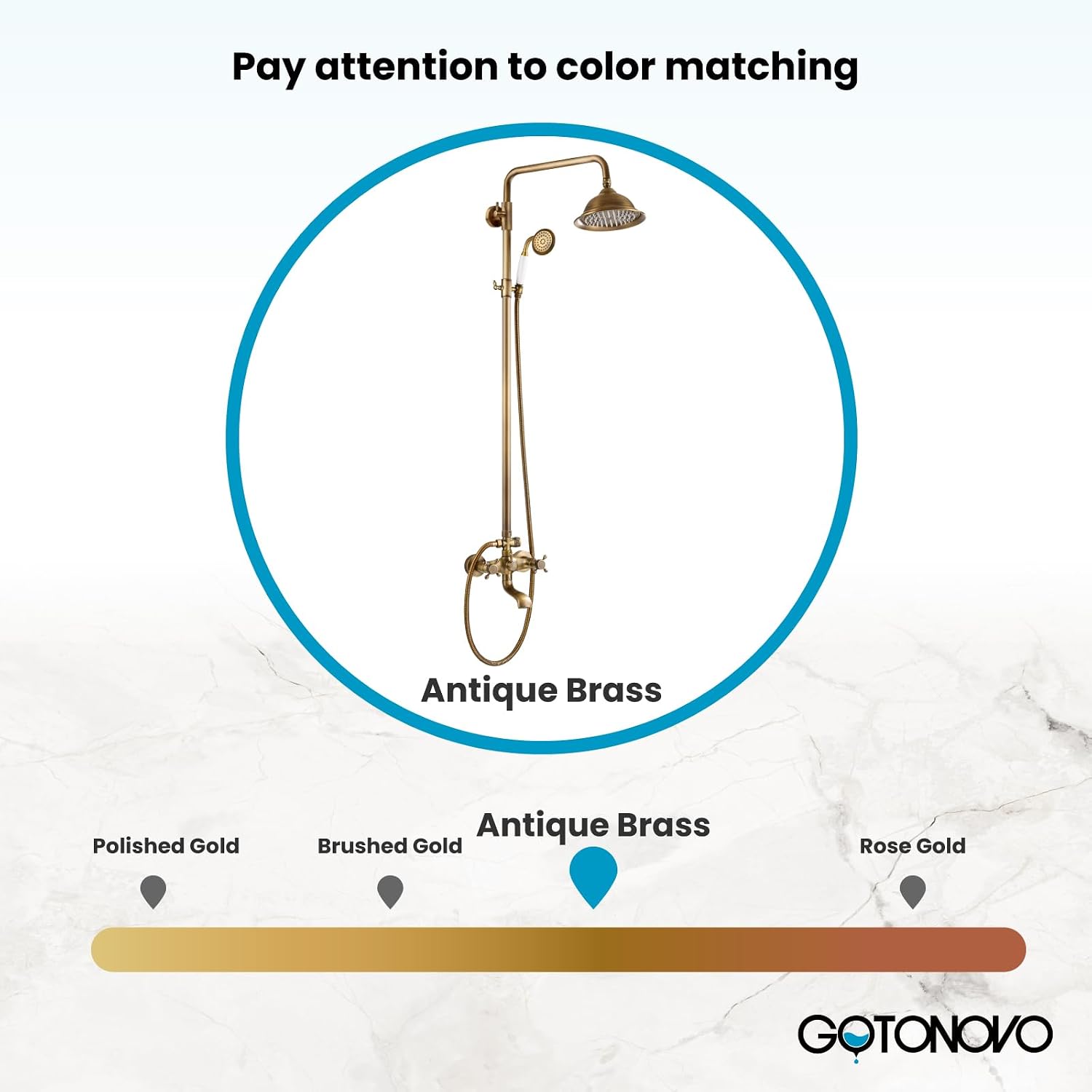 gotonovo Bathroom Exposed Shower Faucet Outdoor Shower System 8 Inch Rainfall Shower Head Set with Tub Spout and Handheld Spray Double Cross Handles Wall Mount without Shower Shelf Antique Brass