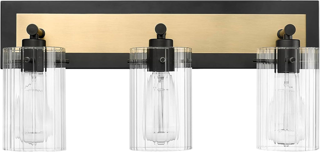 ML Lighting | Gasol Collection | 25003-MB/VB | 3 Light Vanity in Matte Black - Vintage Brass with Clear Ribbed Glass Shade | Versatile Design That adds High-End Texture and Elegance to Your Bathroom