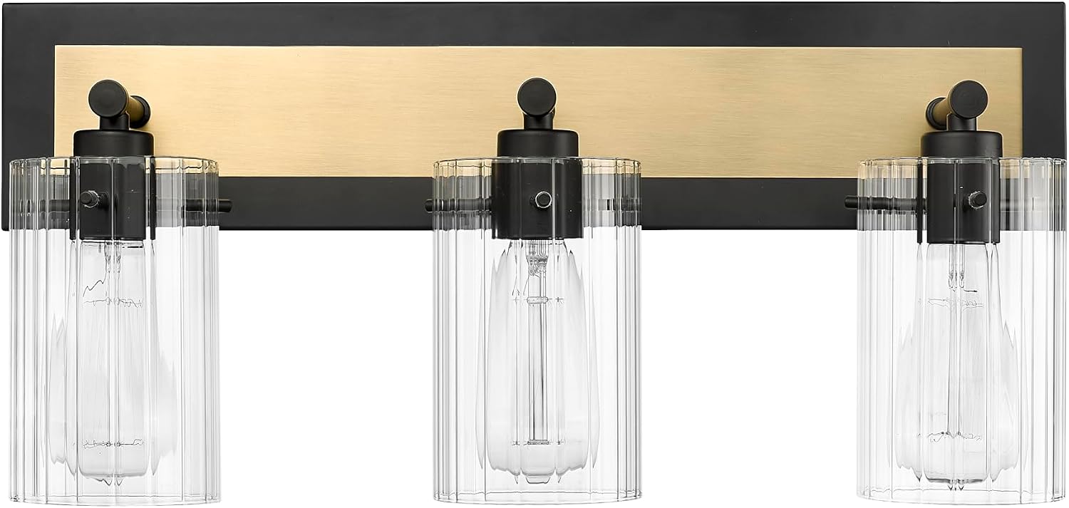 ML Lighting | Gasol Collection | 25003-MB/VB | 3 Light Vanity in Matte Black - Vintage Brass with Clear Ribbed Glass Shade | Versatile Design That adds High-End Texture and Elegance to Your Bathroom