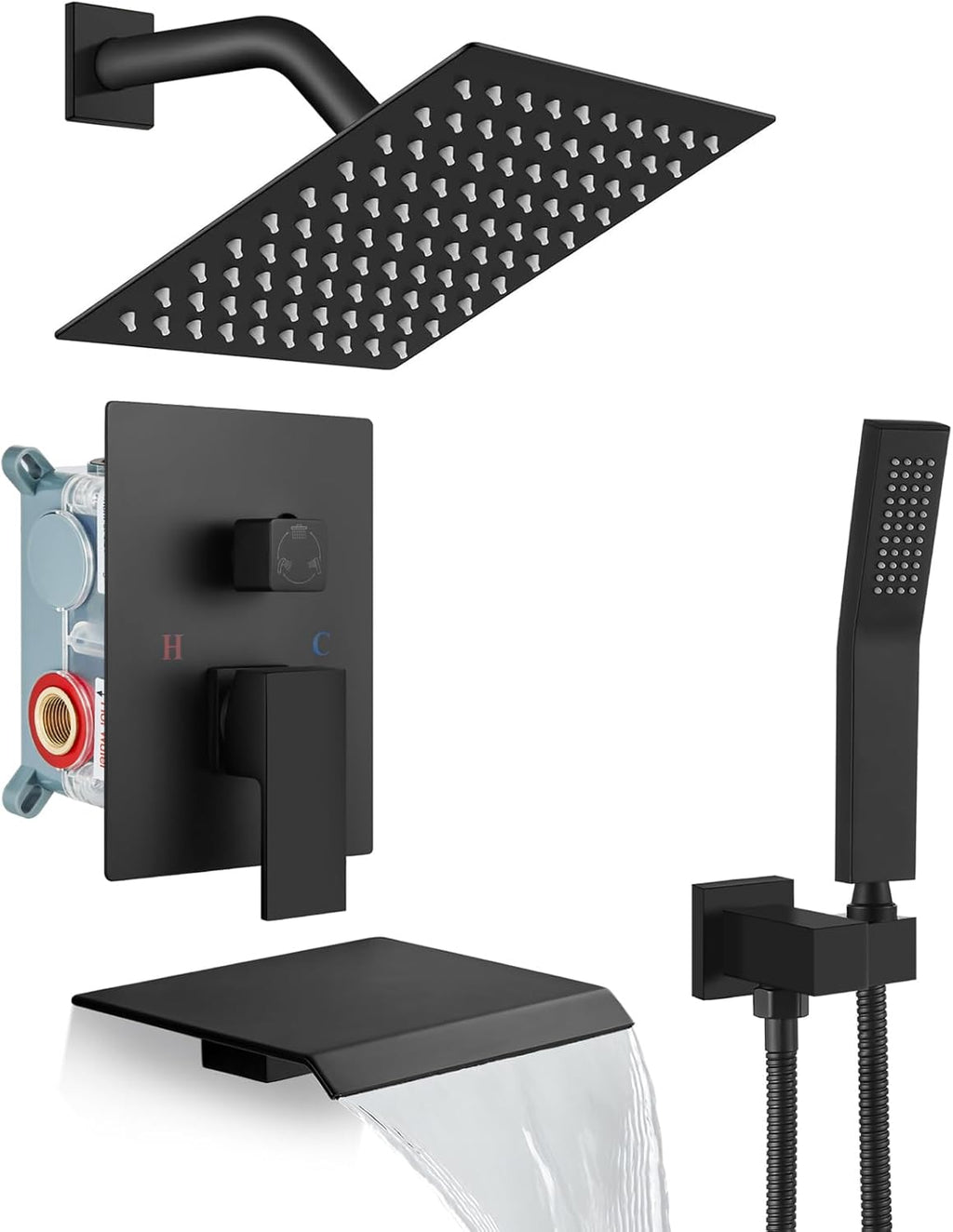 gotonovo Rain Shower Faucet System Set Rainfall Shower Head with Handheld Sprayer Waterfall Tub Spout Wall Mounted Mixer Combo Rough-in Valve and Trim Included 8 Inch Showerhead Matte Black