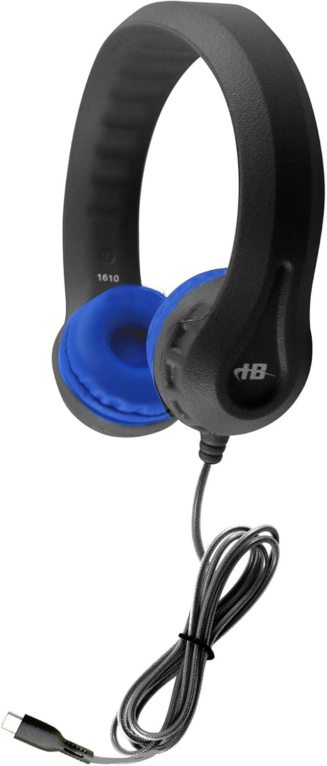 HamiltonBuhl USB-C Flex-Phones Kids Headphones 10-Pack – Black w/ Blue Cushions | EVA Foam, Safe ≤85 dB, Chew-Resistant Cable, Adjustable Fit, Classroom-Ready (KIDS-BBC)